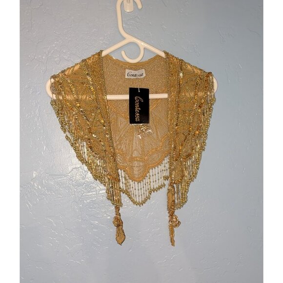 Gold Beaded Fringe Shawl Wrap New Years Christmas Party Festive - Picture 9 of 12